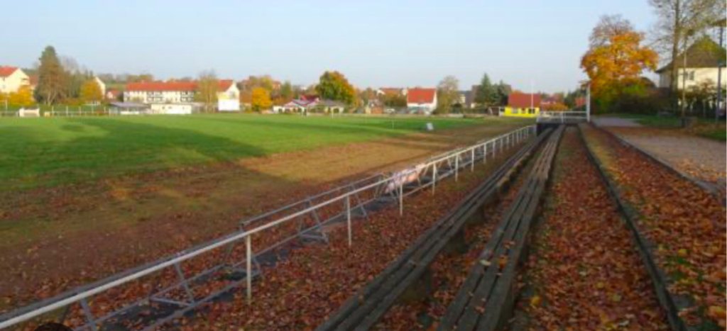 belaubte Sitztribüne am Rqnd von großer Rasenfläche.